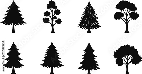 Collection of tree silhouettes, pine and oak shapes, nature vector illustration, black forest trees design, isolated on white background