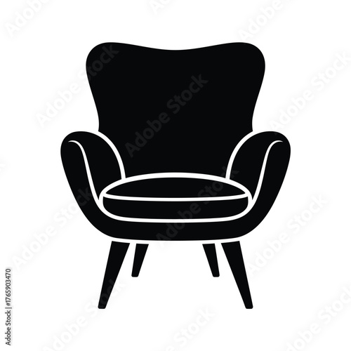 Classic black wingback armchair silhouette isolated on white background