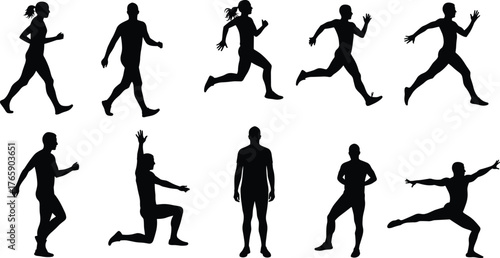 Silhouette of men walking running jumping posing isolated on white background, active people motion, fitness exercise, modern lifestyle concept