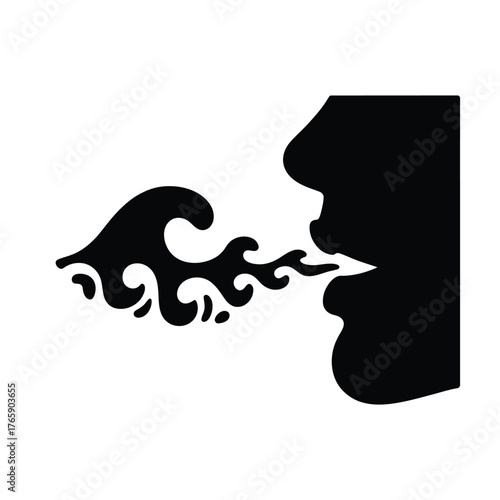 Silhouette of a person exhaling a stylized wave of water