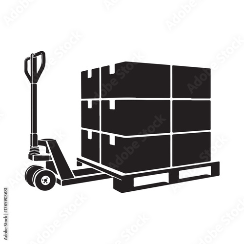 Black silhouette of a pallet jack lifting a stack of boxes on a pallet