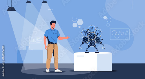 Conceptual depiction of advanced technology, human interaction, and hexagonal patterned robot at a