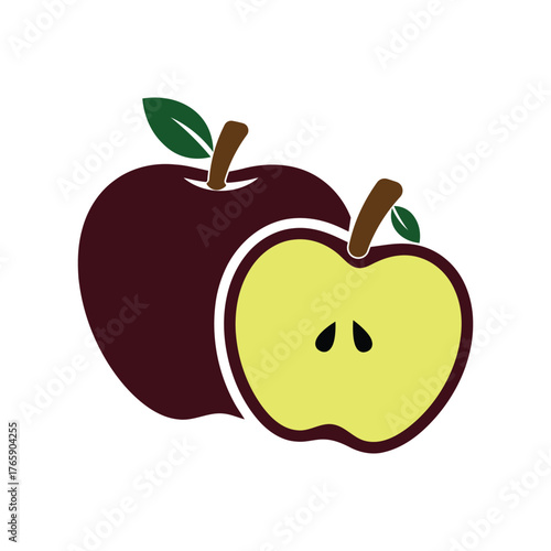 whole and sliced red apple with leaf and seeds isolated vector illustration