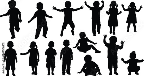 Silhouette of children playing, jumping and dancing in different poses, kids activity illustration, happy childhood concept, vector black design art