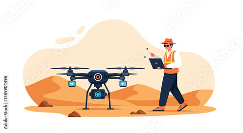 Drone operator with a laptop controls a drone in a desert landscape for surveys and inspections