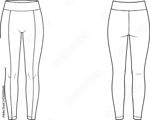Women’s leggings front and back technical flat sketch, slim fit yoga pants design, fashion apparel template, cad drawing flat vector illustration