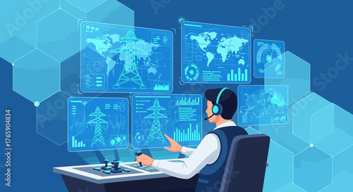 Energy Grid Management: Technician Monitoring Global Power Distribution Network Operation