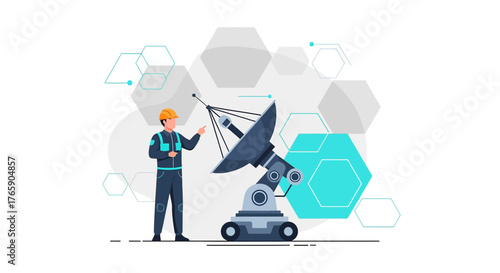 Engineer inspecting satellite dish with digital network integration and advanced technology in
