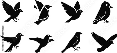 Collection of bird silhouette vector designs, flying and perched birds icons, minimalist wildlife illustration set for nature and logo design