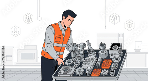 Engineer inspecting robot components on a tray in a modern industrial design setting or production