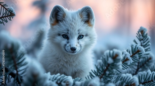Arctic fox cub in a snowy forest at dawn with frosted fur and icy branches.