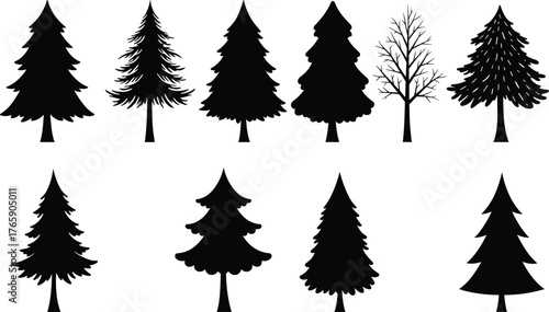 Collection of pine and fir tree silhouettes, evergreen forest vector illustration for nature design, winter landscape, and Christmas decoration