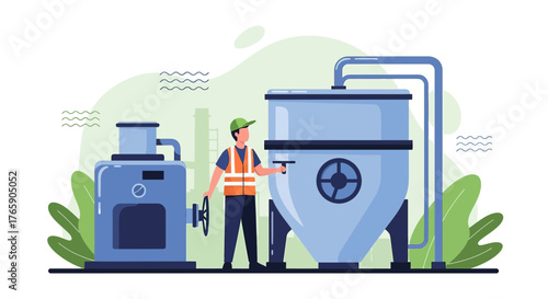 Factory Operator overseeing industrial equipment in a processing plant environment illustration