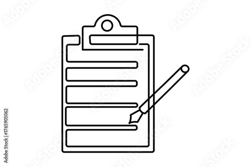 Continuous line art of a clipboard and a checklist, minimalist outline style