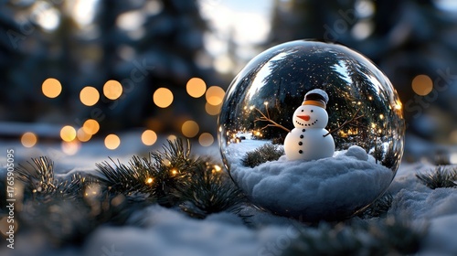 Snowflakes gently fall around a snowman in a glass globe, illuminated by soft bokeh lights, ideal for winter holiday greetings
