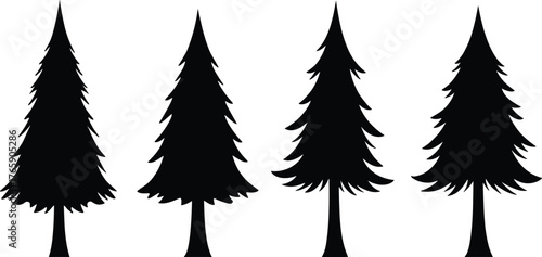 Collection of pine tree silhouettes, evergreen conifer shapes, black vector illustration for forest, nature, Christmas, and landscape design