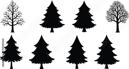 Set of pine and deciduous tree silhouettes, black forest vector illustration for nature design, Christmas, ecology, and landscape artwork
