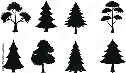 Set of different tree silhouettes, pine and deciduous vector collection for forest design, nature illustration, ecology, and landscape artwork