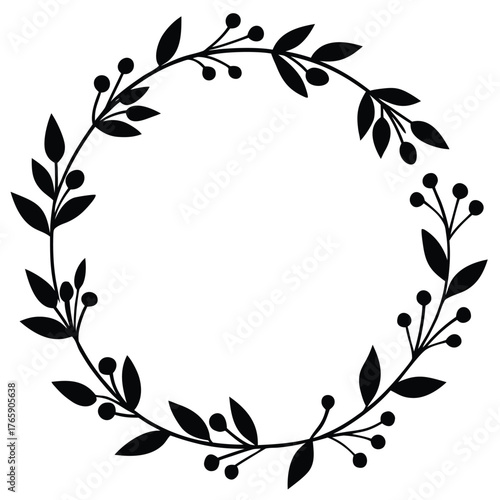 Elegant floral wreath with leaves and berries in black silhouette style