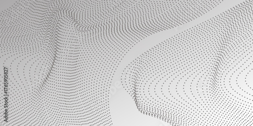 Abstract Waveform Dot Swirls on White. Abstract halftone flowing dots wave curved lines, frequency sound, technology curve dots lines. Dynamic modern wavy pattern design .