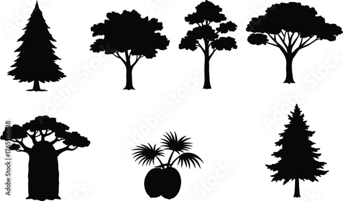 Collection of tropical and conifer tree silhouettes vector illustration, including baobab and coconut palm trees for landscape and nature design