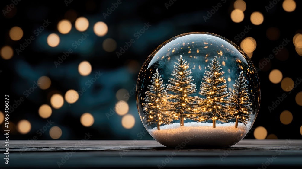 Fototapeta premium A beautifully crafted glass ornament hangs over a blue backdrop, adorned with glowing lights and delicate snowflakes, perfect for holiday cards