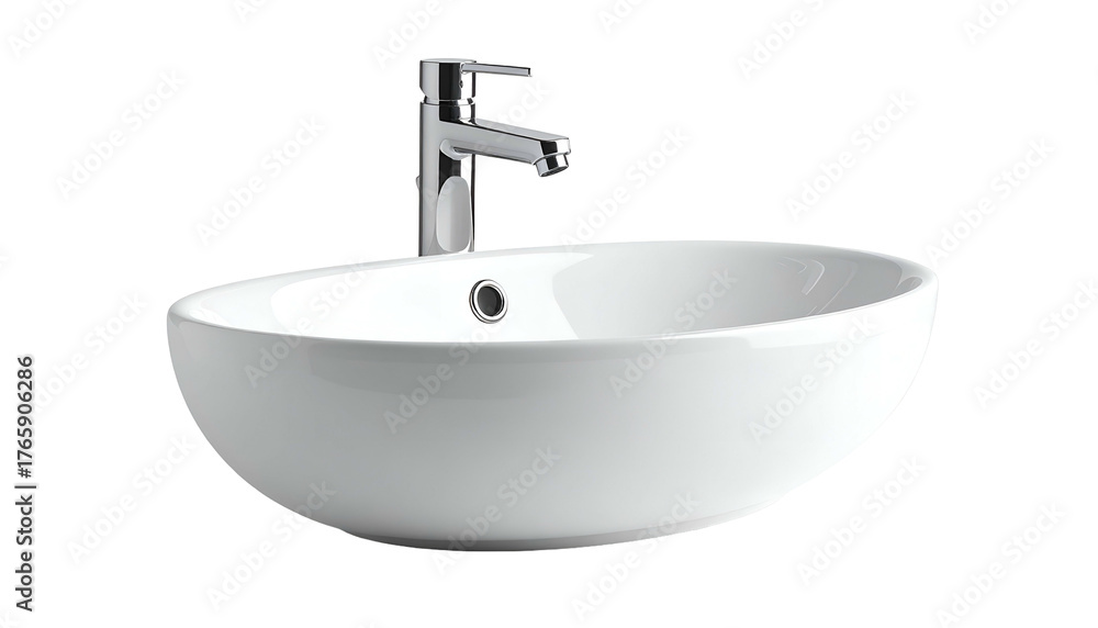 Fototapeta premium A clean, white, oval ceramic basin with a modern chrome faucet against a black background