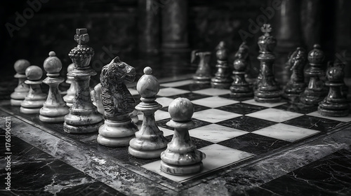 Low-lit, black-and-white chessboard with carved pieces in focus, vintage, moody still life  ambiance