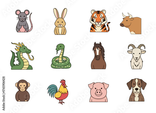 Cute cartoon animal icon set featuring Chinese zodiac, flat design, vector art