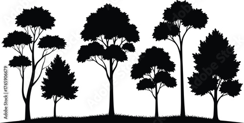 Tree silhouette landscape vector, forest trees illustration, black nature design, woodland scenery graphic, eco environment background art