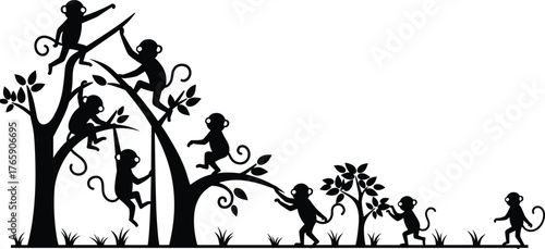 Playful monkeys climbing trees in jungle forest silhouette vector illustration, wildlife animals in nature, fun behavior and motion art