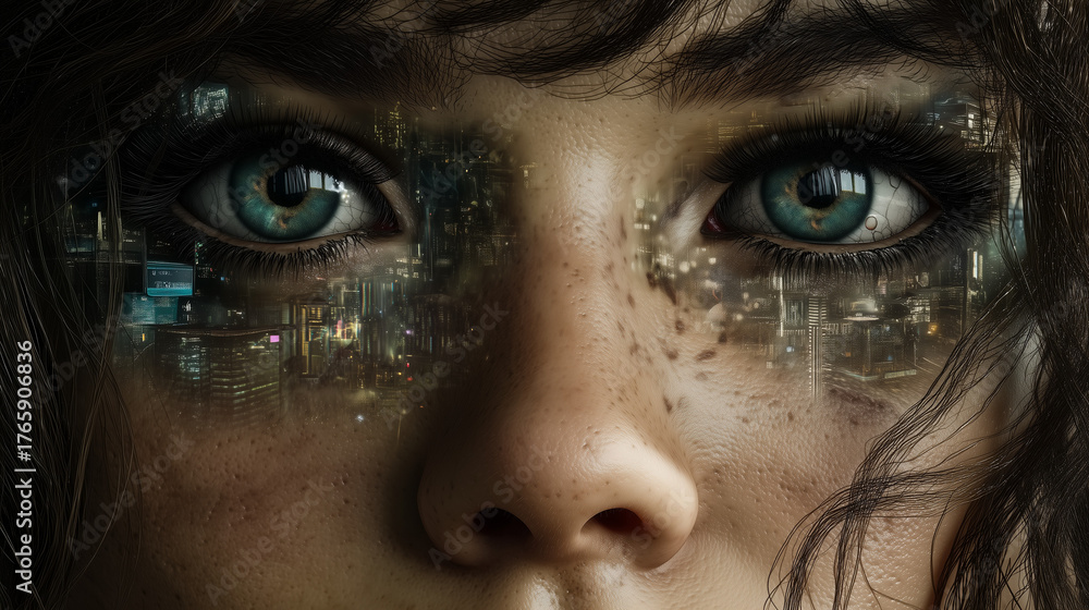 Fototapeta premium Close-up of a woman's face with futuristic cyberpunk cityscape reflections in her eyes, blending realism and sci-fi.