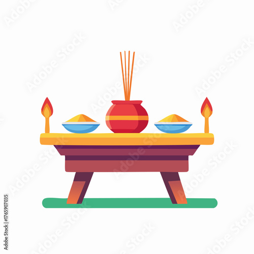 Sacred Altar with Candles Incense and Food Offerings.