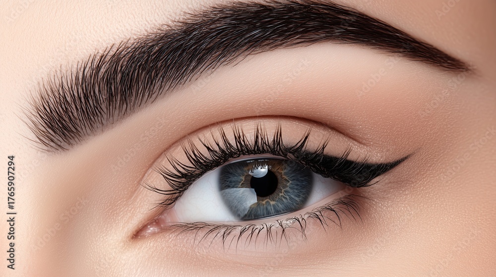Obraz premium Close-up of a woman's eye showcasing detailed makeup and natural beauty