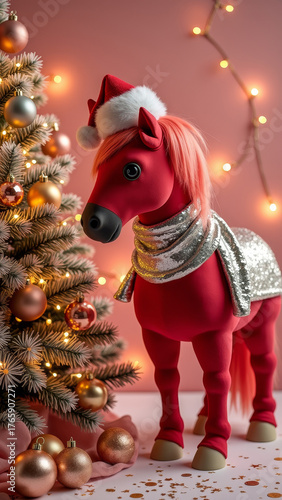 Red horse in Santa hat and silver sequin scarf beside decorated Christmas tree, pink gold background with confetti and lights