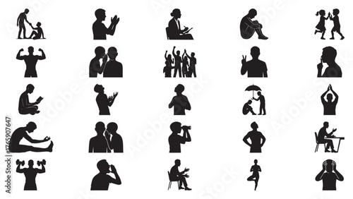Collection of Human Silhouettes Showing Family, Fitness, and Contemplation