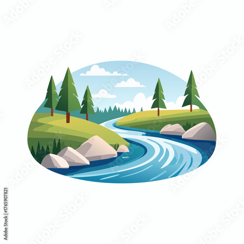 Serene River Flowing Through Lush Green Landscape with Pine Trees and Rocks.