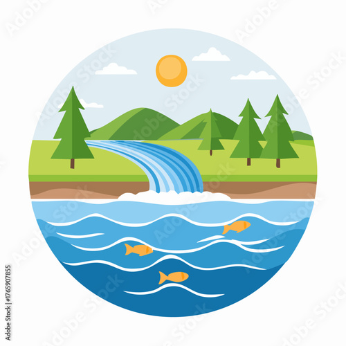 Serene River Landscape with Fish and Evergreen Trees.