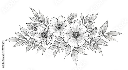 Vector illustration of pencil sketch of a beautiful floral arrangement with blooming flowers and detailed leaves, creating an elegant and artistic composition