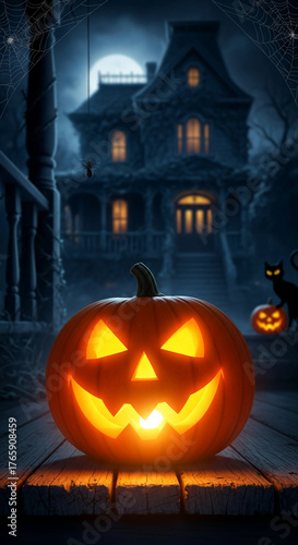 Glowing jack-o'-lantern on wood, in front of spooky house under moonlight, with spiderweb and black cat. It represents Halloween celebration