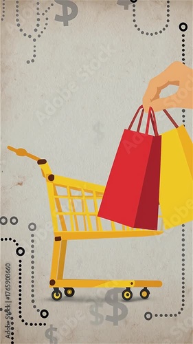 Shopping cart filled with items and dollar signs indicating shopping spree essentials