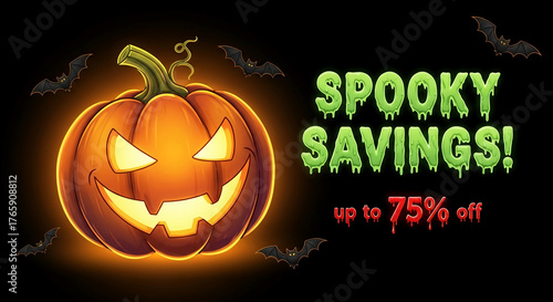 Illustration of orange pumpkin with glowing face and bats on black background, showcasing Halloween spooky savings promotional offer, holiday spirit