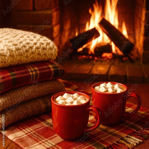 Two red mugs of hot chocolate with marshmallows