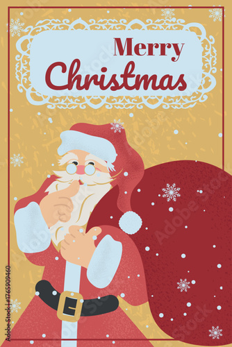 Festive flat-style Christmas card with Santa Claus holding a sack of gifts. Warm retro colors, textured background, and snowflakes for cheerful holiday design