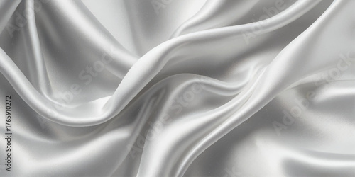 Luxurious close-up of a white satin fabric. A close-up view of a rich, deep white satin fabric, showcasing its smooth, flowing texture.	
