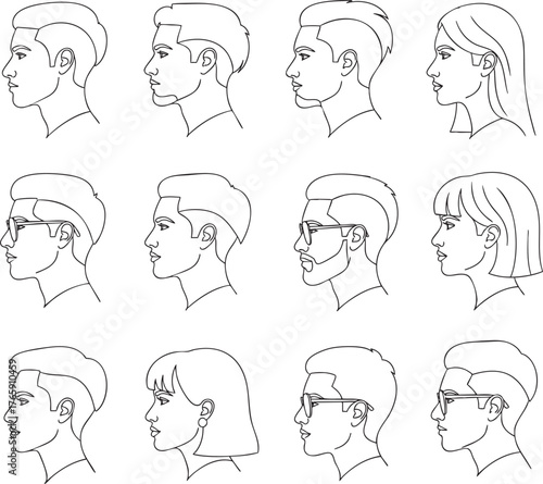 Collection of minimalist line art profile portraits showing diverse men and women with various hairstyles and glasses.