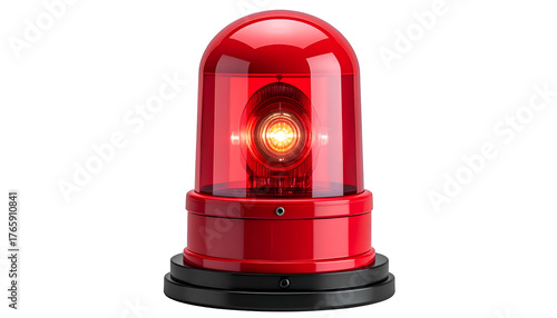 A red, dome-shaped emergency light with a bright internal lamp, set against black