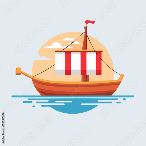 Viking longship sailing on the ocean flat design illustration.