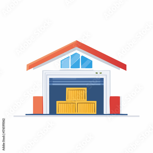 Warehouse building with open door and stacked boxes inside, ready for storage or shipping.