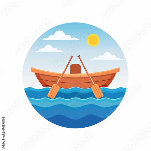 Wooden boat floats on water with oars under the sun.